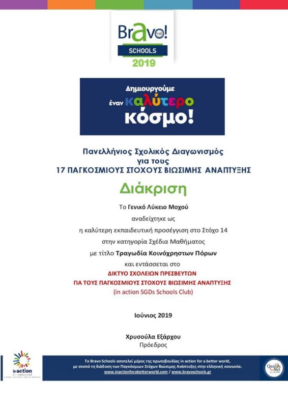 το ΓΕΛ Μοχού αναδείχθηκε στον Πανελλήνιο Σχολικό Διαγωνισμό Bravo Schools