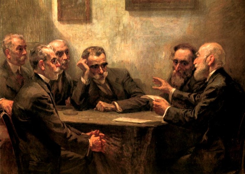 Γ. Ροϊλός, Οι ποιητές (π. 1919). Μεγάλοι ποιητές της γενιάς του 1880. Στο κέντρο: K. Παλαμάς