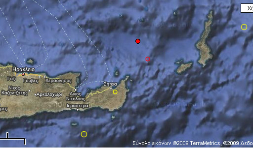 ο χάρτης με το επίκεντρο, ο άλλος κύκλος είναι ο προηγούμενος ασθενέστερος σεισμός